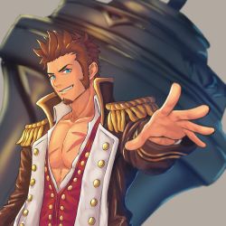 Rule 34 | 1boy, beard, blue eyes, brown hair, epaulettes, facial hair, fate/grand order, fate (series), foreshortening, hierotubas, highres, holding, holding weapon, long sideburns, long sleeves, looking at viewer, pectoral cleavage, male focus, military, military uniform, napoleon bonaparte (fate), open clothes, open shirt, pectorals, scar, sideburns, simple background, smile, solo, uniform, weapon