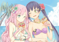 Rule 34 | 2girls, ;&lt;, ;d, bare shoulders, bikini, bikini top only, blue flower, blue sky, bracelet, breasts, cleavage, cloud, collarbone, crepe, day, earrings, eyebrows, flower, flower bracelet, flower earrings, flower necklace, food, frilled bikini, frills, green eyes, hair flower, hair ornament, head tilt, hibiscus, holding, holding food, jewelry, long hair, loobely, looking at another, medium breasts, multiple girls, necklace, one eye closed, open mouth, original, palm tree, pink hair, plant, purple bikini, purple hair, sky, small breasts, smile, strapless, strapless bikini, swimsuit, tree, twintails, upper body, very long hair, white bikini, yellow eyes