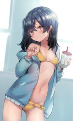 Rule 34 | 1girl, bikini, black hair, blue jacket, blush, breasts, child, collarbone, commentary request, cowboy shot, cup, hair between eyes, halterneck, hands up, highres, holding, holding cup, hood, hooded jacket, jacket, kure (kure ng), long hair, looking at viewer, navel, off shoulder, open clothes, open jacket, original, red eyes, single bare shoulder, small breasts, solo, standing, stomach, swimsuit, yellow bikini