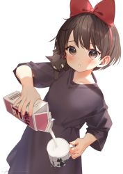Rule 34 | 1girl, bad id, bad twitter id, black cat, blush, bow hairband, brown eyes, brown hair, cat, cup, dress, eyelashes, hairband, highres, holding, holding carton, holding cup, kiki (majo no takkyuubin), looking at viewer, majo no takkyuubin, milk, milk carton, mug, parted lips, pouring, red hairband, ryota (ry o ta), short hair, signature, simple background, white background