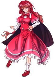 Rule 34 | 1girl, cape, full body, hand on own hip, highres, long hair, okazaki yumemi, pink eyes, ponytail, red hair, solo, tachi-e, touhou, touhou (pc-98), transparent background, very long hair, zephid