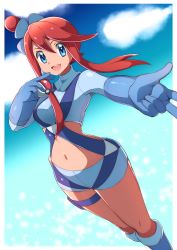 Rule 34 | 1girl, bad id, bad pixiv id, blue eyes, blue footwear, blue gloves, blue shorts, boots, commentary request, creatures (company), crop top, eyelashes, game freak, gloves, gym leader, hair ornament, highres, holding, holding poke ball, holster, looking at viewer, midriff, miyama (yakinikusushi the royal), narrow waist, navel, nintendo, open mouth, poke ball, poke ball (basic), pokemon, pokemon bw, pouch, red hair, short shorts, shorts, sidelocks, skyla (pokemon), smile, solo, teeth, thigh pouch, thigh strap, tongue, upper teeth only, w, wide hips