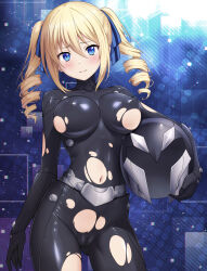 Rule 34 | 1girl, angelina kudou shields, arm at side, black bodysuit, blonde hair, blue eyes, blue ribbon, blush, bodysuit, breasts, cameltoe, carrying, carrying under arm, cleft of venus, closed mouth, commentary request, contrapposto, covered collarbone, covered erect nipples, cowboy shot, drill hair, furrowed brow, gluteal fold, hair between eyes, hair ribbon, helmet, highres, large breasts, looking at viewer, mahouka koukou no rettousei, nanikairu, navel, paid reward available, ribbon, skin tight, solo, torn bodysuit, torn clothes, twin drills, twintails