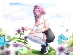 Rule 34 | 1girl, absurdres, black shorts, blue butterfly, border, breasts, bug, butterfly, butterfly hair ornament, cleavage, coolpsyco, flower, grass, hair flower, hair ornament, hair over one eye, hairband, highres, huge breasts, insect, leaf, long hair, low tied hair, original, outdoors, pink eyes, purple hair, shirt, shoes, shorts, sneakers, squatting, thighhighs, white border, white shirt