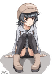Rule 34 | 1girl, alternate costume, arare (kancolle), black hair, black shorts, black thighhighs, boots, brown eyes, brown footwear, brown hat, cabbie hat, commentary request, drawstring, grey sweater, hat, highres, hood, hooded sweater, hoodie, kantai collection, looking at viewer, short hair, shorts, simple background, sitting, solo, sweater, t2r, thighhighs, white background
