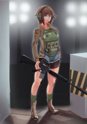 Rule 34 | 1girl, absurdres, assault rifle, breasts, briar (gamingsentry), brown hair, brown jacket, chest rig, commission, gun, highres, jacket, long sleeves, m16, m16a1, open clothes, open jacket, original, patch, rifle, scar, shirt, short hair, tanker jacket, tascalate, weapon