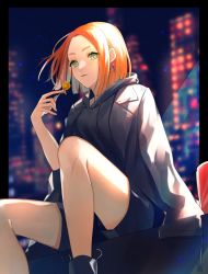 Rule 34 | 1girl, black hoodie, building, candy, closed mouth, commission, earrings, food, foot out of frame, geta (epicure no12), green eyes, highres, hood, hoodie, jewelry, lollipop, looking at viewer, medium hair, orange hair, original, shorts, sitting, skeb commission, solo, thick eyebrows, thighhighs
