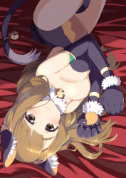 Rule 34 | 1girl, :3, absurdres, animal ears, animal hands, bed sheet, bell, between thighs, black bodysuit, black gloves, blonde hair, blunt bangs, blush, bodysuit, breasts, cat ears, cat paws, cat tail, cleavage, closed mouth, elbow gloves, fake animal ears, fur-trimmed gloves, fur collar, fur trim, gloves, highres, idolmaster, idolmaster million live!, idolmaster million live! theater days, jingle bell, long hair, looking at viewer, lying, medium breasts, miyao miya, on side, shade, shiny skin, smile, tail, thick eyebrows, wara (warapro), wavy hair, yellow eyes