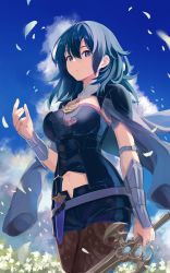 Rule 34 | .com (bot com1), armor, blue hair, blue sky, bracer, breasts, brown leggings, brown pantyhose, byleth (female) (fire emblem), byleth (fire emblem), cloud, fire emblem, fire emblem: three houses, flower, grey eyes, hair between eyes, highres, jacket, lace, lace-trimmed legwear, lace trim, leggings, leggings under shorts, looking at viewer, midriff peek, miniskirt, nintendo, pantyhose, print pantyhose, short shorts, shorts, skirt, sky, solo, sword, sword of the creator, weapon
