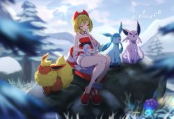 Rule 34 | 1girl, ankea (a-ramo-do), bad id, bad twitter id, blonde hair, blurry, closed eyes, collar, collarbone, commentary request, creatures (company), day, espeon, eyelashes, flareon, game freak, gen 1 pokemon, gen 2 pokemon, gen 4 pokemon, glaceon, hairband, highres, instrument, irida (pokemon), jewelry, knees, legs together, medium hair, music, neck ring, nintendo, outdoors, playing instrument, pokemon, pokemon (creature), pokemon legends: arceus, red footwear, red hairband, red shirt, sash, shirt, shoes, shorts, singing, sitting, strapless, strapless shirt, tree, white shorts