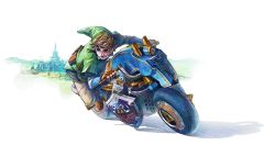 Rule 34 | 1boy, armor, blonde hair, blue eyes, brown gloves, chainmail, commentary, concept art, driving, earrings, fingerless gloves, gloves, hat, jewelry, link, male focus, mario (series), mario kart, mario kart 8, motor vehicle, motorcycle, nintendo, official art, pointy ears, solo, the legend of zelda, triforce, vehicle