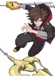 Rule 34 | 1boy, black jacket, black pants, blue eyes, brown hair, chain, crown (symbol), highres, holding, holding weapon, hood, hoodie, jacket, jewelry, keyblade, kingdom hearts, kingdom hearts iv, kingdom key, looking at viewer, necklace, ozkh, pants, red hoodie, reverse grip, serious, simple background, solo, sora (kingdom hearts), spiked hair, weapon