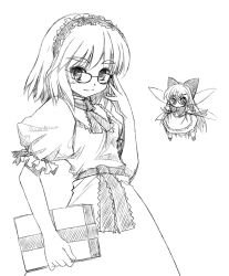 Rule 34 | &gt;:), 1girl, alice margatroid, apron, bespectacled, book, bow, bowtie, dress, fairy wings, female focus, floating, glasses, greyscale, grimoire, grimoire of alice, hair bow, hairband, looking at viewer, matching shanghai, monochrome, necktie, puffy short sleeves, puffy sleeves, sash, shanghai doll, short sleeves, simple background, solo, touhou, v-shaped eyebrows, waist apron, white background, wings, yu-ki, yuuki (snowhouse)