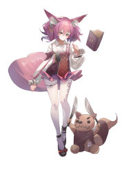 Rule 34 | 1girl, absurdres, animal ear fluff, animal ears, anklet, arknights, black footwear, blouse, book, closed mouth, collared shirt, commentary, dress, fox ears, fox tail, full body, glaring, hair ornament, hand up, heart, heart-shaped pupils, high-waist skirt, highres, jewelry, knife, long sleeves, navel, pantyhose, pink eyes, pink hair, pink skirt, see-through, see-through skirt, shamare (arknights), shirt, short hair, simple background, skirt, solo, strash, stuffed animal, stuffed toy, symbol-shaped pupils, tail, thigh strap, white background, white pantyhose, white shirt