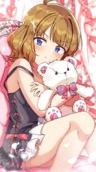 Rule 34 | 1girl, :&lt;, ahoge, babydoll, bare arms, bare legs, bare shoulders, black babydoll, blue eyes, blush, bow, brown hair, commentary, dot nose, feet out of frame, hair ornament, hairclip, holding, holding stuffed toy, idolmaster, idolmaster million live!, looking at viewer, hugging object, pillow, red bow, shiitake taishi, short hair, sitting, solo, spaghetti strap, stuffed animal, stuffed toy, suou momoko, teddy bear