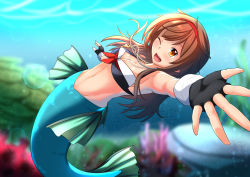 Rule 34 | absurdres, fingerless gloves, gloves, hairband, highres, jewelry, kantai collection, mermaid, monster girl, monsterification, necklace, one eye closed, selvalanch, shiratsuyu (kancolle), solo