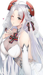 Rule 34 | 1girl, ahoge, azur lane, breasts, bridal gauntlets, bridal veil, bride, cleavage, dress, finger to own chin, headgear, heart, heart-shaped pupils, highres, jewelry, large breasts, long hair, official alternate costume, one eye closed, prinz eugen (azur lane), prinz eugen (symphonic fate) (azur lane), raitho, ring, silver hair, symbol-shaped pupils, veil, wedding dress, white dress