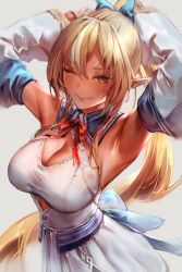 Rule 34 | 1girl, ;), absurdres, armpits, arms behind head, blonde hair, blue bow, bow, bowtie, breasts, cleavage, cleavage cutout, closed mouth, clothing cutout, dark-skinned female, dark skin, detached sleeves, dress, elf, hair between eyes, hair bow, highres, hololive, hyde (tabakko), large breasts, long hair, long sleeves, looking at viewer, multicolored hair, one eye closed, pointy ears, ponytail, red bow, red bowtie, red eyes, shiranui flare, shiranui flare (1st costume), simple background, sleeveless, sleeveless dress, smile, solo, standing, streaked hair, tan, very long hair, virtual youtuber, white dress, white hair