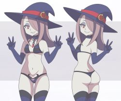 Rule 34 | absurdres, abysswatchers, ass, bikini, breasts, chain, choker, elbow gloves, gloves, hair over one eye, hat, highres, little witch academia, long hair, pink hair, sharp teeth, solo, striped clothes, striped gloves, striped thighhighs, sucy manbavaran, swimsuit, teeth, thighhighs, witch hat
