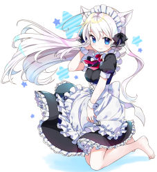 Rule 34 | 1girl, amimi, animal ear fluff, animal ears, apron, barefoot, black bow, black dress, blue eyes, blush, bow, breasts, cat ears, closed mouth, colored shadow, commentary request, commission, diagonal stripes, dress, floating hair, frilled apron, frills, full body, hair between eyes, hair bow, hand up, highres, kneeling, long hair, maid, maid headdress, original, puffy short sleeves, puffy sleeves, shadow, short sleeves, skeb commission, small breasts, smile, solo, star (symbol), starry background, striped, striped background, very long hair, white apron, white hair, wrist cuffs
