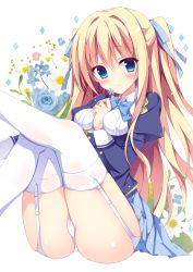 Rule 34 | 1girl, bad id, bad pixiv id, black jacket, blonde hair, blue bow, blue bowtie, blue flower, blue ribbon, blue rose, blue skirt, blush, bow, bowtie, breasts, cameltoe, closed mouth, collared shirt, commentary request, flower, garter straps, hair between eyes, hair ribbon, highres, holding, holding flower, izuminanase, jacket, juliet sleeves, long hair, long sleeves, looking at viewer, medium breasts, original, panties, pink flower, pleated skirt, puffy sleeves, ribbon, rose, shirt, sidelocks, sitting, skirt, smile, solo, thighhighs, two side up, underwear, very long hair, white background, white flower, white panties, white shirt, white thighhighs