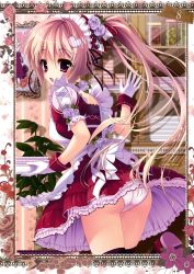 Rule 34 | 1girl, :d, absurdres, ass, black thighhighs, bow, cupboard, dress, flower, gloves, hair bow, hair ornament, heart, heart hair ornament, highres, jar, maid headdress, open mouth, panties, picture frame, pink eyes, pink hair, plate, ponytail, rose, shiramori yuse, smile, thighhighs, underwear, waitress, white gloves, white panties