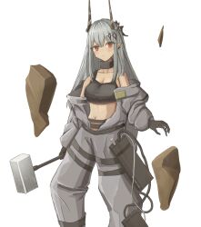 Rule 34 | 1girl, arknights, arm at side, bare shoulders, black collar, black gloves, black horns, black sports bra, blush, breasts, cleavage, closed mouth, collar, collarbone, commentary, debris, earrings, expressionless, eyes visible through hair, feet out of frame, gloves, grey hair, grey jumpsuit, hammer, highres, holding, holding hammer, holding weapon, horns, jewelry, jumpsuit, kuroieo, long hair, long sleeves, looking at viewer, midriff, mudrock (arknights), mudrock (elite ii) (arknights), navel, off shoulder, pointy ears, red eyes, sidelocks, simple background, sledgehammer, solo, sports bra, standing, weapon, white background