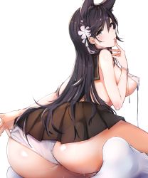 Rule 34 | 1girl, adjusting clothes, adjusting panties, animal ears, ass, atago (azur lane), atago (school traumerei) (azur lane), azur lane, black hair, blush, breasts, covered erect nipples, extra ears, finger to mouth, from behind, highres, large breasts, long hair, looking at viewer, looking back, mappaninatta, mole, mole under eye, open mouth, panties, pleated skirt, ribbon, sailor collar, school uniform, simple background, sitting, skirt, solo, sweat, swept bangs, thighs, underwear, wariza, white background, white panties, white ribbon