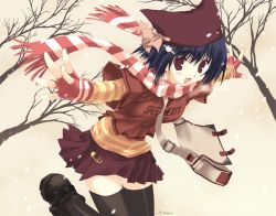 Rule 34 | 1girl, :d, animal hat, bag, bare tree, black thighhighs, cat hair ornament, cat hat, hair ornament, hat, looking at viewer, mitsumi misato, open mouth, original, outstretched arms, red eyes, ribbon, safety pin, scarf, smile, snow, snowing, solo, spread arms, striped clothes, striped scarf, thighhighs, tree, winter