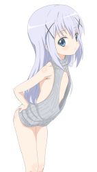 Rule 34 | 1girl, backless outfit, bare arms, blue eyes, blue hair, blush stickers, cleavage cutout, closed mouth, clothing cutout, commentary request, cowboy shot, dress, flat chest, gochuumon wa usagi desu ka?, grey sweater, hair between eyes, hair ornament, hairclip, highres, kafuu chino, leaning forward, light blue hair, long hair, looking at viewer, meme attire, naked sweater, ribbed sweater, sidelocks, simple background, sincos, sleeveless, sleeveless turtleneck, solo, sweater, sweater dress, turtleneck, turtleneck sweater, virgin killer sweater, white background, x hair ornament