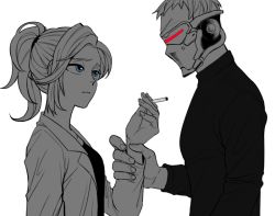 Rule 34 | 1boy, 1girl, bad id, bad twitter id, between fingers, blue eyes, cigarette, covered mouth, hair ornament, hair tie, hatstar, holding, holding another&#039;s wrist, lab coat, long sleeves, mask, mercy (overwatch), monochrome, mouth mask, overwatch, overwatch 1, ponytail, scar, scar across eye, scar on face, shirt, short hair, simple background, soldier: 76 (overwatch), spot color, visor, white background