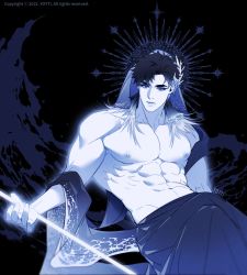 Rule 34 | abs, artist name, bara, bare pectorals, black hair, blue background, hakama, halo, halo behind head, highres, japanese clothes, large pectorals, looking at viewer, male focus, muscular, muscular male, nipples, original, pectoral cleavage, pectorals, topless male, yotti