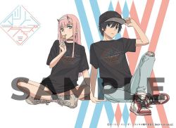 Rule 34 | 10s, 1boy, 1girl, black collar, black hair, black hat, black shirt, black shorts, blue eyes, candy, collar, commentary request, couple, crossed legs, darling in the franxx, food, green eyes, grey footwear, grey pants, hair ornament, hairband, hand up, hat, hetero, hiro (darling in the franxx), holding, holding candy, holding clothes, holding food, holding hat, holding lollipop, horns, lollipop, long hair, looking at viewer, official art, oni horns, pants, pink hair, red horns, sample watermark, shirt, shoes, short hair, short shorts, shorts, sitting, sneakers, tanaka masayoshi, thighs, tongue, tongue out, torn clothes, torn pants, watermark, white footwear, white hairband, zero two (darling in the franxx)