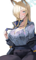 Rule 34 | 1-5iro, 1girl, absurdres, animal ear fluff, animal ears, black jacket, black pantyhose, blonde hair, blue archive, blue eyes, blue halo, blue shirt, blush, breasts, buttons, cleavage, clenched teeth, collarbone, collared shirt, hair over one eye, halo, highres, jacket, kanna (blue archive), large breasts, long hair, long sleeves, looking at viewer, open clothes, open jacket, panties, panties under pantyhose, pantyhose, shirt, simple background, solo, teeth, underwear, wet, wet clothes, wet shirt, white background