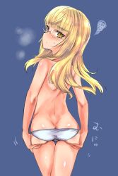 Rule 34 | 1girl, aohashi ame, ass, ass grab, blonde hair, blue background, blush, butt crack, dimples of venus, embarrassed, glasses, highres, long hair, looking back, panties, perrine h. clostermann, strike witches, sweat, thigh gap, thighs, topless, underwear, underwear only, white panties, world witches series, yellow eyes