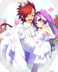 Rule 34 | 1boy, 1girl, ^ ^, aisha landar, artist name, bad id, bad pixiv id, bare shoulders, blurry, border, bow, breasts, bridal veil, bride, carrying, cleavage, closed eyes, closed mouth, collared shirt, cross, cross earrings, depth of field, dimension witch (elsword), dress, dress shirt, earrings, elbow gloves, elsword, elsword (character), eyebrows, floating hair, formal, garden, gloves, hair between eyes, hair ribbon, happy, heart, hetero, high heels, highres, icedango (dpopic3), infinity sword (elsword), jacket, jewelry, lace, lace border, light particles, long dress, long hair, long sleeves, looking at viewer, medium breasts, necktie, open mouth, ornate border, pants, pantyhose, princess carry, purple eyes, purple hair, railing, red hair, ribbon, sash, shirt, shoes, smile, standing, strapless, strapless dress, swept bangs, tuxedo, twintails, v, veil, very long hair, wedding, wedding dress, white bow, white dress, white footwear, white gloves, white jacket, white necktie, white pants, white pantyhose, white ribbon, white shirt