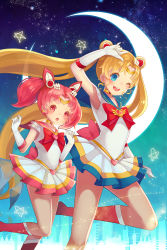 Rule 34 | 2girls, :o, ;d, bishoujo senshi sailor moon, bishoujo senshi sailor moon supers, blonde hair, blue eyes, blue sailor collar, boots, bow, brooch, chibi usa, choker, circlet, cone hair bun, elbow gloves, gloves, hair bun, heart, heart brooch, highres, jewelry, knee boots, long hair, m/, multicolored clothes, multicolored skirt, multiple girls, no nose, one eye closed, open mouth, parted bangs, pink footwear, pink hair, red bow, red eyes, red footwear, ringka (pixiv), sailor chibi moon, sailor collar, sailor moon, sailor senshi, skirt, smile, standing, standing on one leg, super sailor chibi moon, super sailor moon, tsukino usagi, twintails, very long hair, white gloves