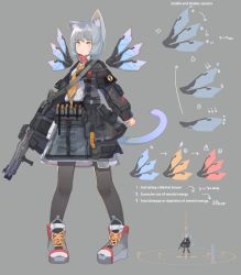 Rule 34 | 1girl, absurdres, animal ears, assault rifle, black hair, commentary, detached wings, english text, full body, grey background, gun, highres, original, pantyhose, puremage, rifle, science fiction, simple background, standing, tachi-e, tail, weapon, wings