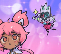 Rule 34 | 1boy, 1girl, :o, black skin, blush, colored skin, crown, fiddlesticks, hand up, league of legends, one eye closed, phantom ix row, pink background, pink eyes, pink hair, pink skirt, purple background, scarecrow, sketch, skirt, sparkle, star guardian (league of legends), star guardian taliyah, star nemesis fiddlesticks, sweatdrop, taliyah, twintails
