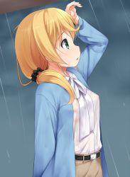 Rule 34 | 1girl, belt, blonde hair, blue jacket, breasts, buckle, covered erect nipples, ellen baker, green eyes, hair ornament, hair scrunchie, haryuu (poetto), highres, jacket, long hair, long sleeves, looking up, new horizon, nipples, no bra, open mouth, rain, ribbon, scrunchie, see-through, shirt, skirt, small breasts, solo, wet, wet clothes, wet shirt