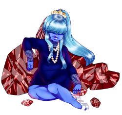 Rule 34 | 1girl, blue hair, blue skin, colored skin, crown, dress, hair over eyes, highres, jewelry, lips, long hair, necklace, pearl necklace, ponytail, sapphire (steven universe), simple background, solo, steven universe, tagme, white background