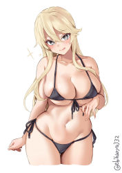 Rule 34 | 1girl, :q, alternate costume, bikini, black bikini, blonde hair, blush, breasts squeezed together, breasts, cleavage, collarbone, cowboy shot, ebifurya, front-tie bikini top, front-tie top, grey eyes, highres, iowa (kancolle), kantai collection, large breasts, navel, side-tie bikini bottom, solo, star-shaped pupils, star (symbol), stomach, swimsuit, symbol-shaped pupils, tongue, tongue out, twitter username, white background