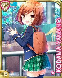 Rule 34 | 1girl, backpack, bag, blue jacket, bow, brown eyes, brown hair, card, character name, day, girlfriend (kari), green bow, green skirt, jacket, looking at viewer, official art, open mouth, outdoors, plaid, plaid skirt, qp:flapper, school uniform, skirt, smile, socks, solo, yamano kodama