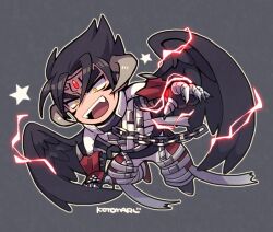 Rule 34 | 1boy, bandages, black wings, chain, chibi, chibi only, devil jin, facial mark, forehead jewel, full body, gloves, grey background, grey horns, horns, kazama jin, kotorai, male focus, open mouth, outline, red gloves, signature, solo, tekken, thick eyebrows, v-shaped eyebrows, white outline, wings, yellow eyes