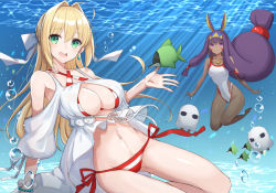 Rule 34 | 2girls, :d, ahoge, animal ears, bad id, bad pixiv id, bikini, bikini under clothes, blush, breasts, bubble, cleavage, competition swimsuit, dappled sunlight, dark-skinned female, dark skin, day, dress, earrings, fate/grand order, fate (series), fish, green eyes, hair between eyes, hair intakes, hair ribbon, hairband, jackal ears, jewelry, large breasts, long hair, looking at viewer, low ponytail, medium breasts, medjed (fate), multiple girls, navel, necklace, nero claudius (fate), nero claudius (fate) (all), nero claudius (swimsuit caster) (fate), nero claudius (swimsuit caster) (third ascension) (fate), nitocris (fate), nitocris (fate/grand order), nitocris (swimsuit assassin) (fate), nitocris (swimsuit assassin) (second ascension) (fate), one-piece swimsuit, open mouth, outdoors, purple hair, ribbon, smile, striped bikini, striped clothes, sunlight, swimsuit, teeth, underwater, very long hair, water, yuzu-aki