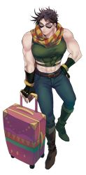 Rule 34 | abs, boots, brown hair, crop top, from above, halu-ca, hand on own hip, jojo no kimyou na bouken, joseph joestar, joseph joestar (young), leaning, male focus, midriff, muscular, rolling suitcase, scarf, solo, striped clothes, striped scarf, suitcase, sunglasses