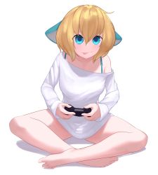 Rule 34 | 1girl, :p, absurdres, animal ears, bare legs, barefoot, blonde hair, blue eyes, closed mouth, commentary, commission, controller, copyright request, crossed legs, english commentary, full body, game controller, hair between eyes, highres, holding, holding controller, holding game controller, looking at viewer, medium hair, off shoulder, shirt, simple background, sitting, solo, sony, tongue, tongue out, white background, white shirt, yoako