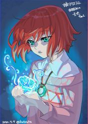 Rule 34 | 1girl, 2020, aqua eyes, blue background, blue flower, collared shirt, dated, floating hair, flower, hair between eyes, hatori chise, highres, holding, holding flower, long sleeves, mahou tsukai no yome, medium hair, nanamako, off-shoulder sweater, off shoulder, pink sweater, red hair, shirt, solo, straight hair, sweater, twitter username, upper body, white shirt, wing collar