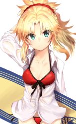 Rule 34 | 1girl, absurdres, blonde hair, breasts, cleavage, closed mouth, collarbone, fate/grand order, fate (series), green eyes, highres, large breasts, looking at viewer, mordred (fate), mordred (fate/apocrypha), mordred (swimsuit rider) (first ascension) (fate), ranf, short hair, short ponytail, solo