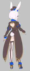 Rule 34 | 1girl, absurdres, animal ears, ass, back cutout, bob cut, boots, brown coat, brown footwear, brown hat, clothing cutout, coat, commentary request, enkyo yuuichirou, from behind, full body, gloves, hair between eyes, hat, heart cutout, high heel boots, high heels, highres, juliet sleeves, long sleeves, looking at viewer, looking back, mini hat, original, profile, puff and slash sleeves, puffy sleeves, rabbit ears, rabbit girl, rabbit tail, red eyes, shoe soles, short hair, silver hair, solo, standing, striped clothes, striped thighhighs, tail, thighhighs, vertical-striped clothes, vertical-striped thighhighs, white gloves